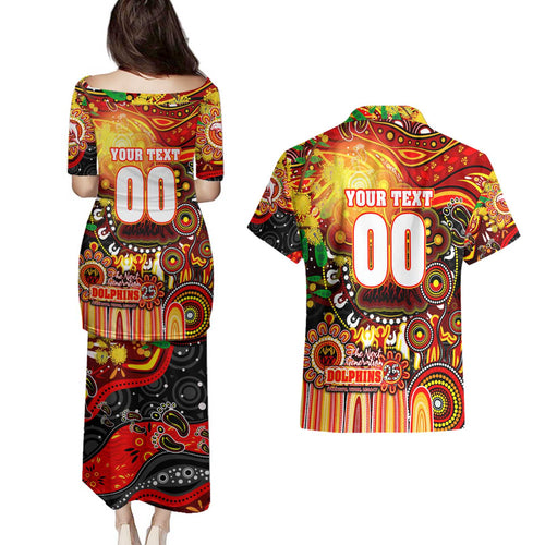 Personalised NAIDOC Week 2025 Dolphins Rugby Couples Matching Puletasi and Hawaiian Shirt Aboriginal Dot Painting