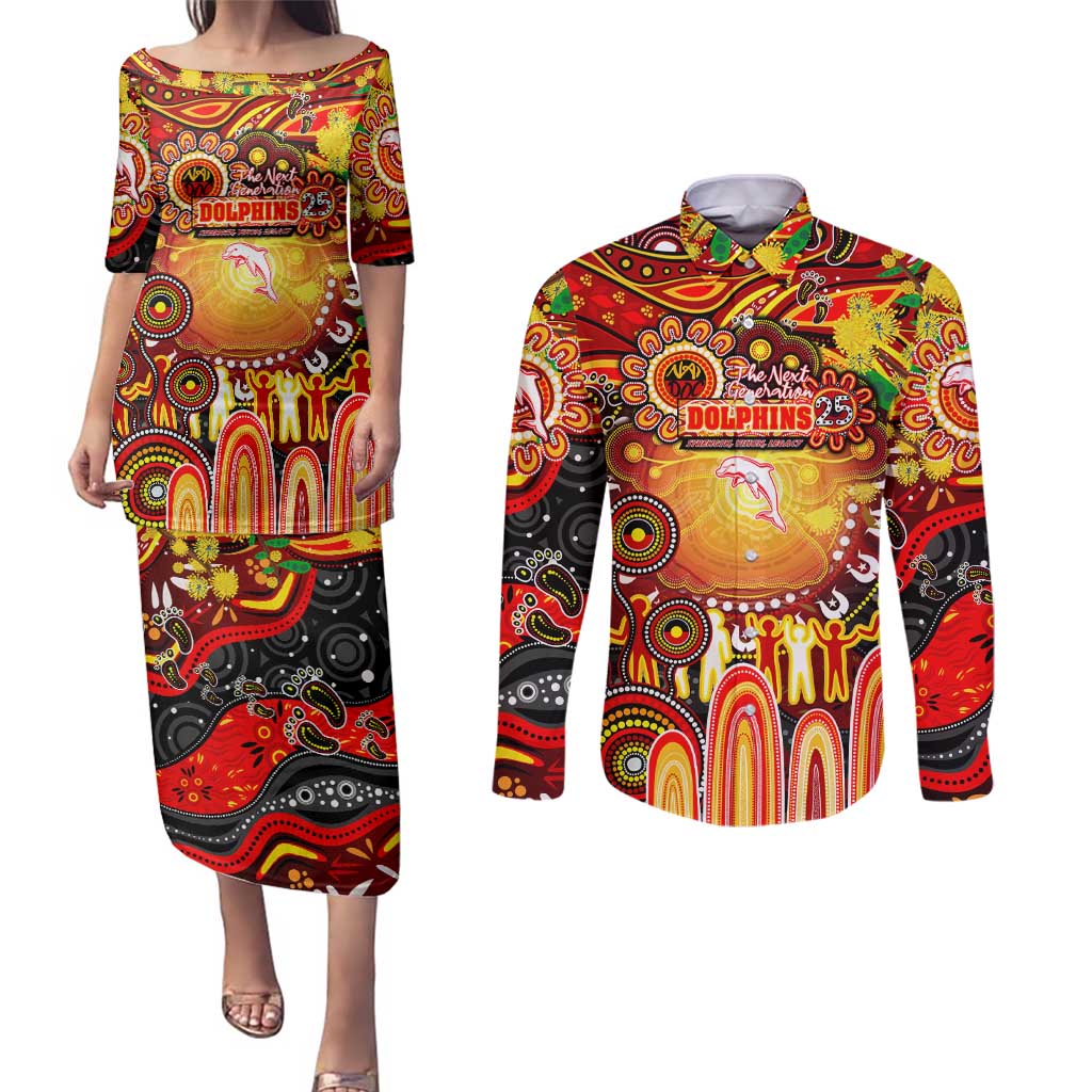 Personalised NAIDOC Week 2025 Dolphins Rugby Couples Matching Puletasi and Long Sleeve Button Shirt Aboriginal Dot Painting