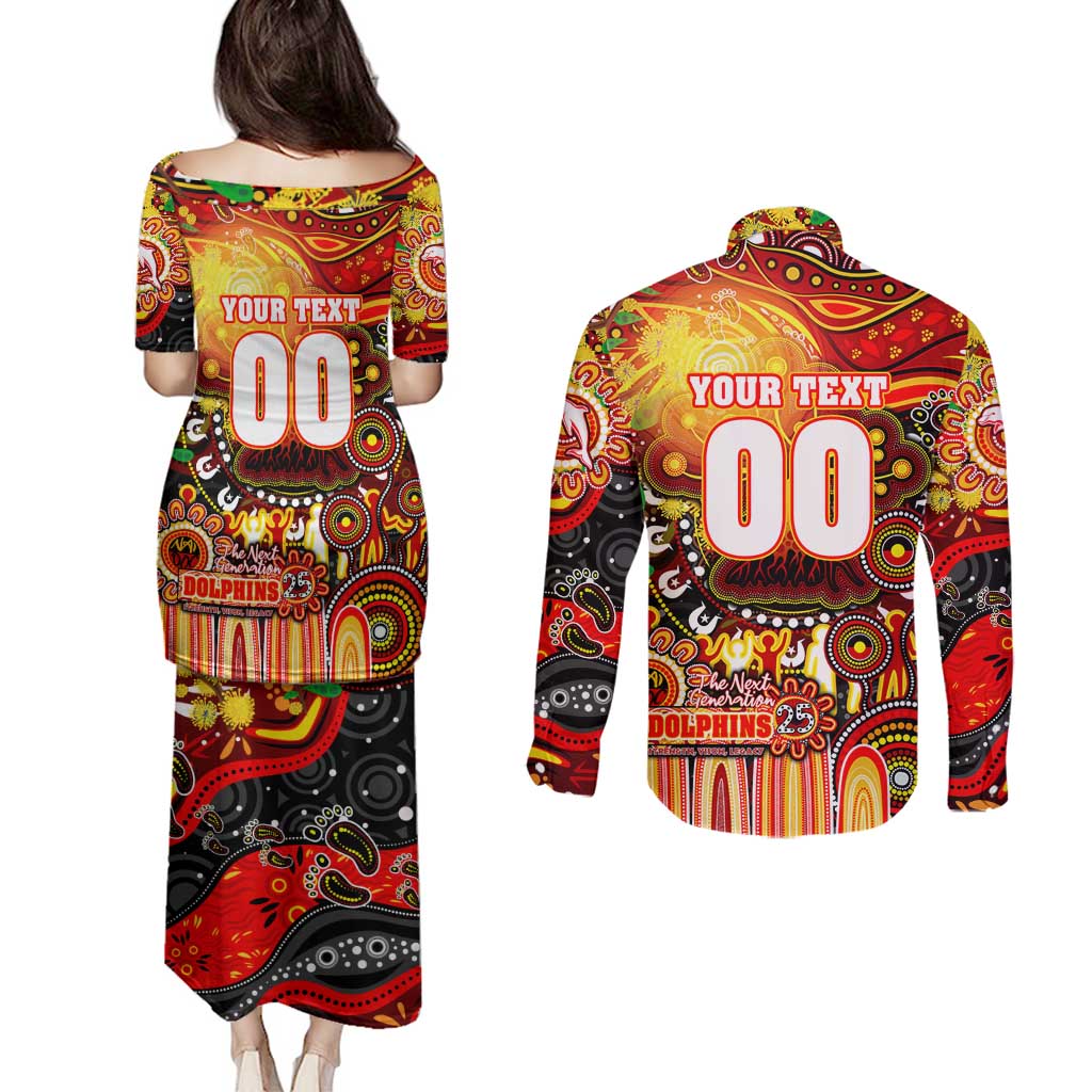 Personalised NAIDOC Week 2025 Dolphins Rugby Couples Matching Puletasi and Long Sleeve Button Shirt Aboriginal Dot Painting