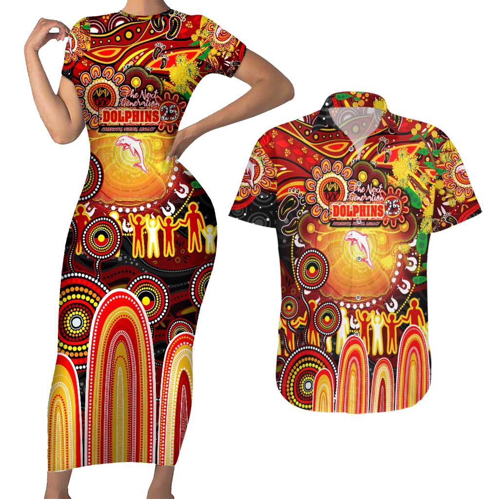 Personalised NAIDOC Week 2025 Dolphins Rugby Couples Matching Short Sleeve Bodycon Dress and Hawaiian Shirt Aboriginal Dot Painting