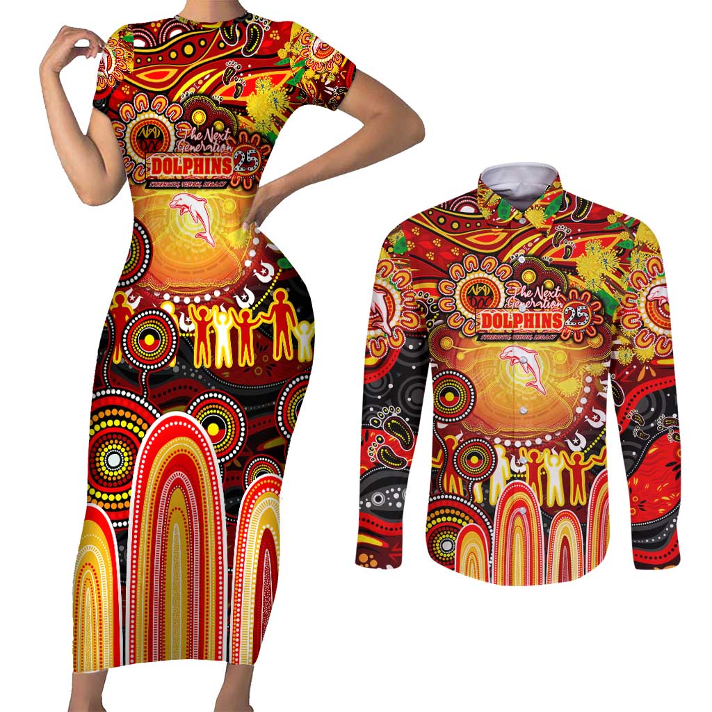 Personalised NAIDOC Week 2025 Dolphins Rugby Couples Matching Short Sleeve Bodycon Dress and Long Sleeve Button Shirt Aboriginal Dot Painting