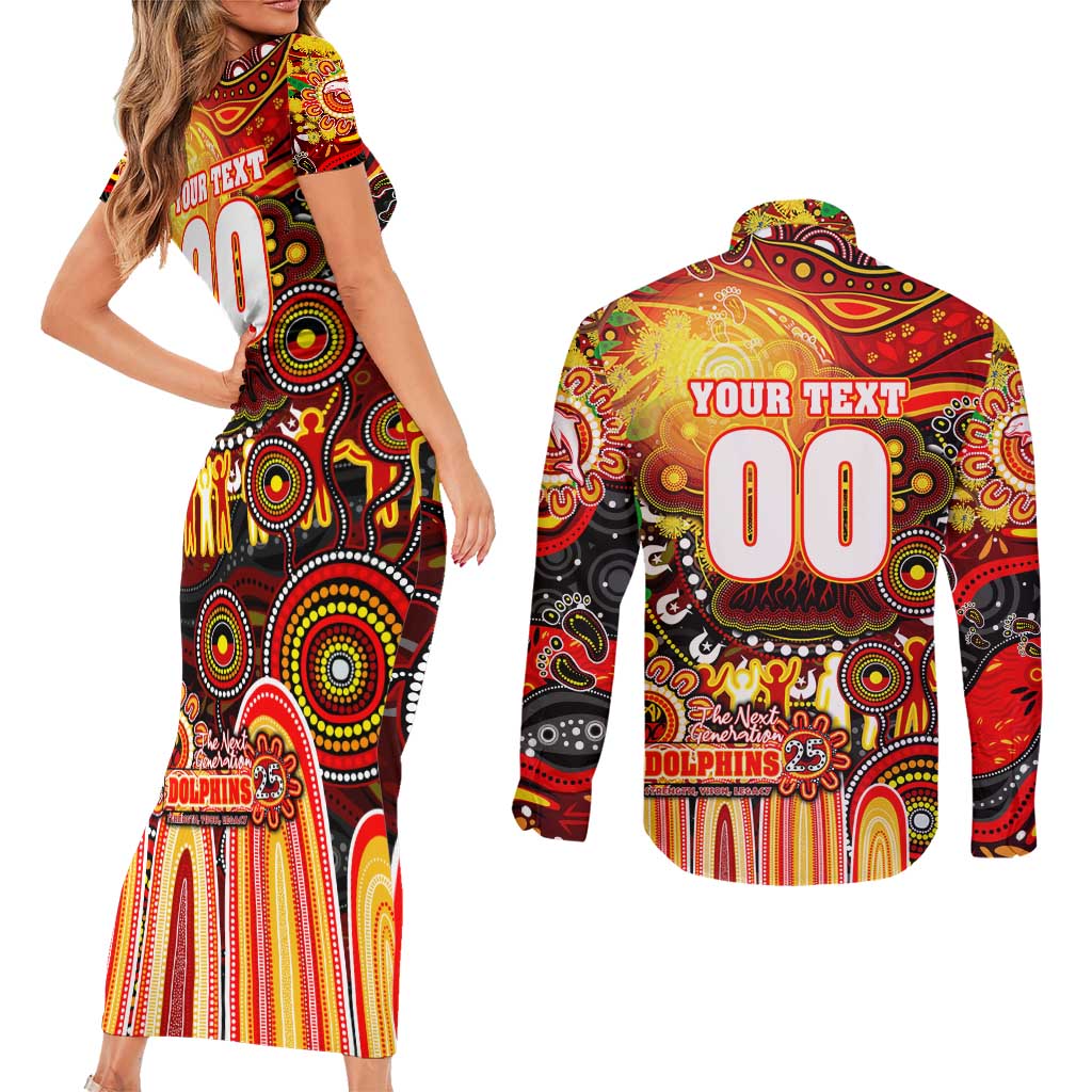 Personalised NAIDOC Week 2025 Dolphins Rugby Couples Matching Short Sleeve Bodycon Dress and Long Sleeve Button Shirt Aboriginal Dot Painting