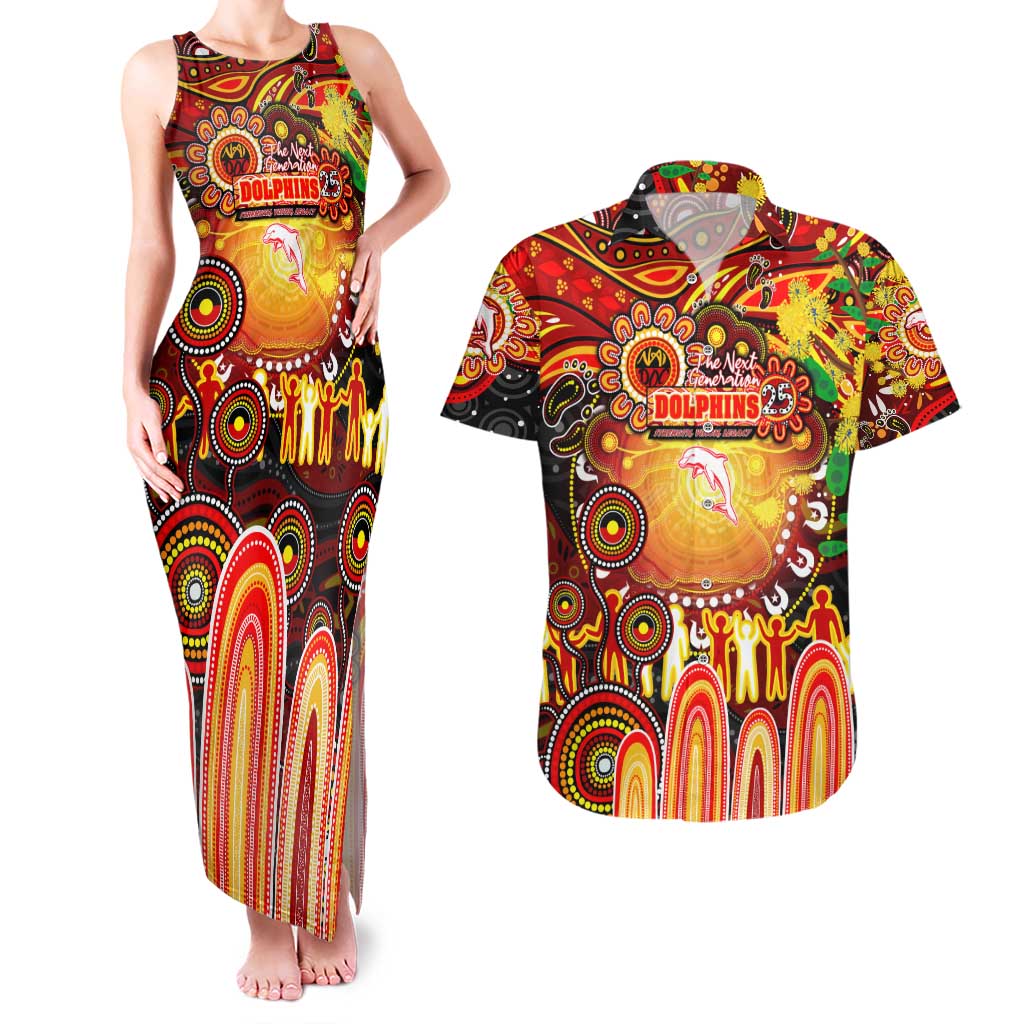 Personalised NAIDOC Week 2025 Dolphins Rugby Couples Matching Tank Maxi Dress and Hawaiian Shirt Aboriginal Dot Painting