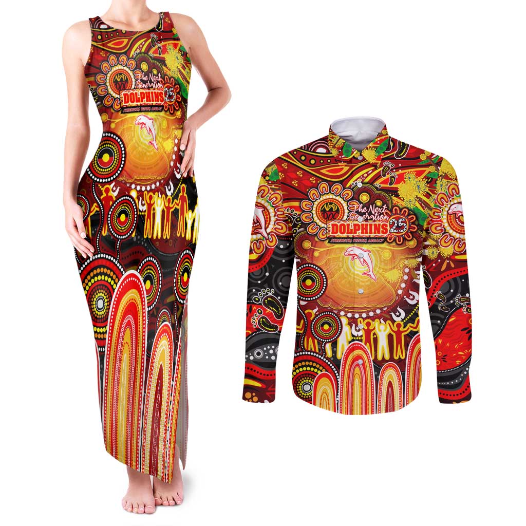 Personalised NAIDOC Week 2025 Dolphins Rugby Couples Matching Tank Maxi Dress and Long Sleeve Button Shirt Aboriginal Dot Painting