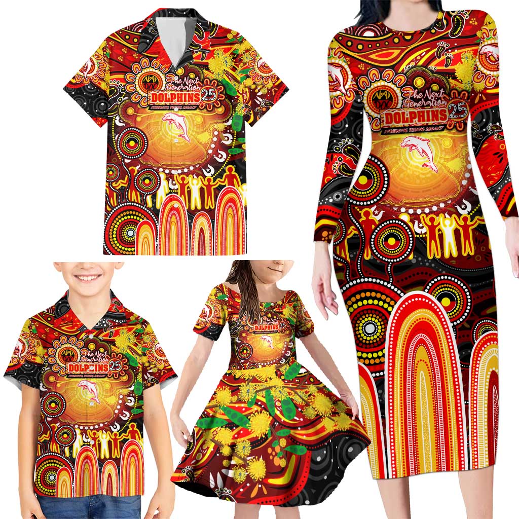 Personalised NAIDOC Week 2025 Dolphins Rugby Family Matching Long Sleeve Bodycon Dress and Hawaiian Shirt Aboriginal Dot Painting