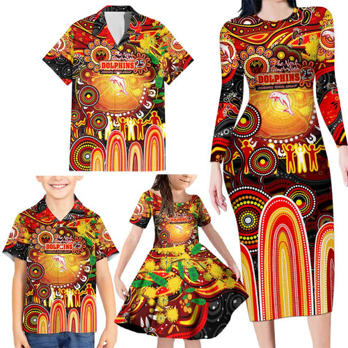 Personalised NAIDOC Week 2025 Dolphins Rugby Family Matching Long Sleeve Bodycon Dress and Hawaiian Shirt Aboriginal Dot Painting