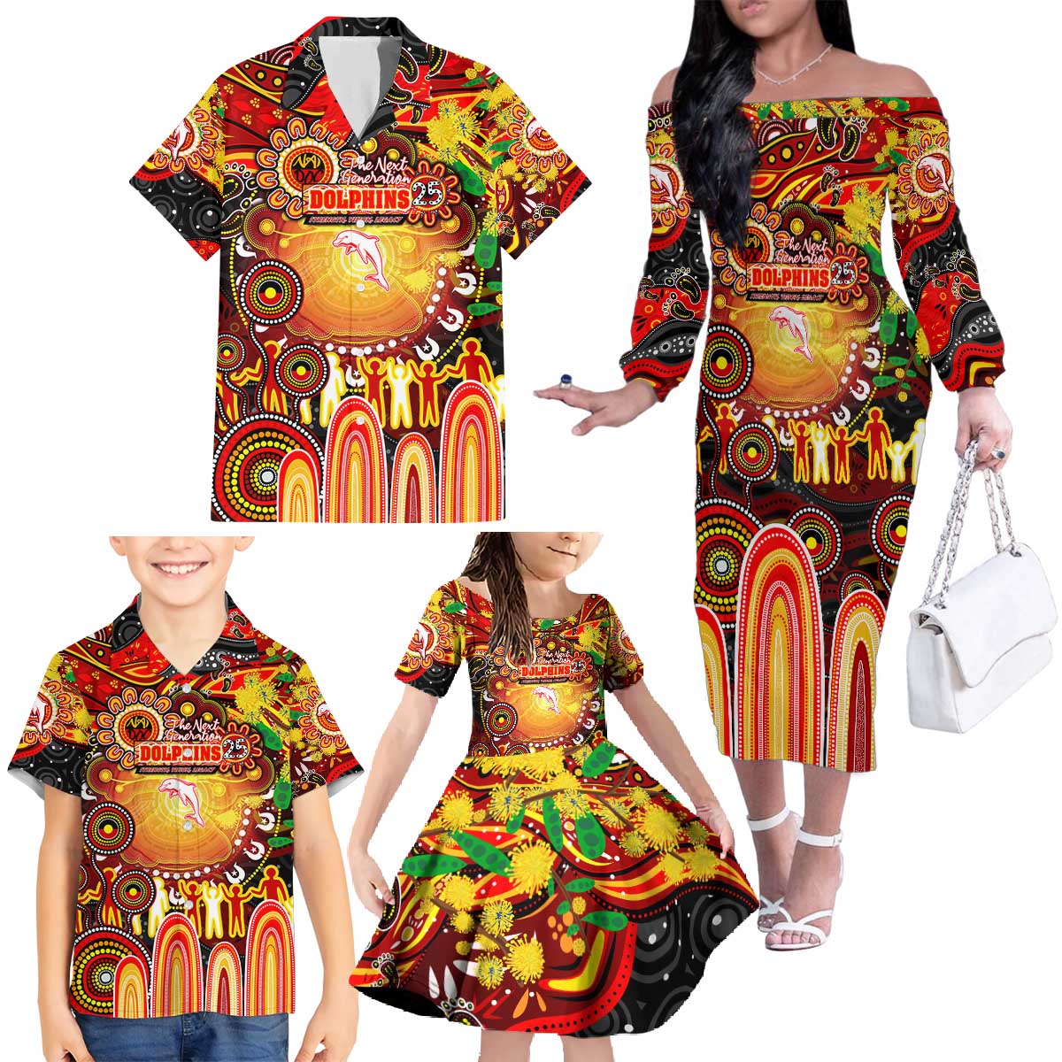 Personalised NAIDOC Week 2025 Dolphins Rugby Family Matching Off The Shoulder Long Sleeve Dress and Hawaiian Shirt Aboriginal Dot Painting