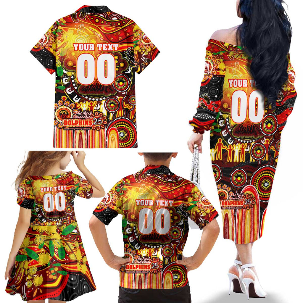 Personalised NAIDOC Week 2025 Dolphins Rugby Family Matching Off The Shoulder Long Sleeve Dress and Hawaiian Shirt Aboriginal Dot Painting