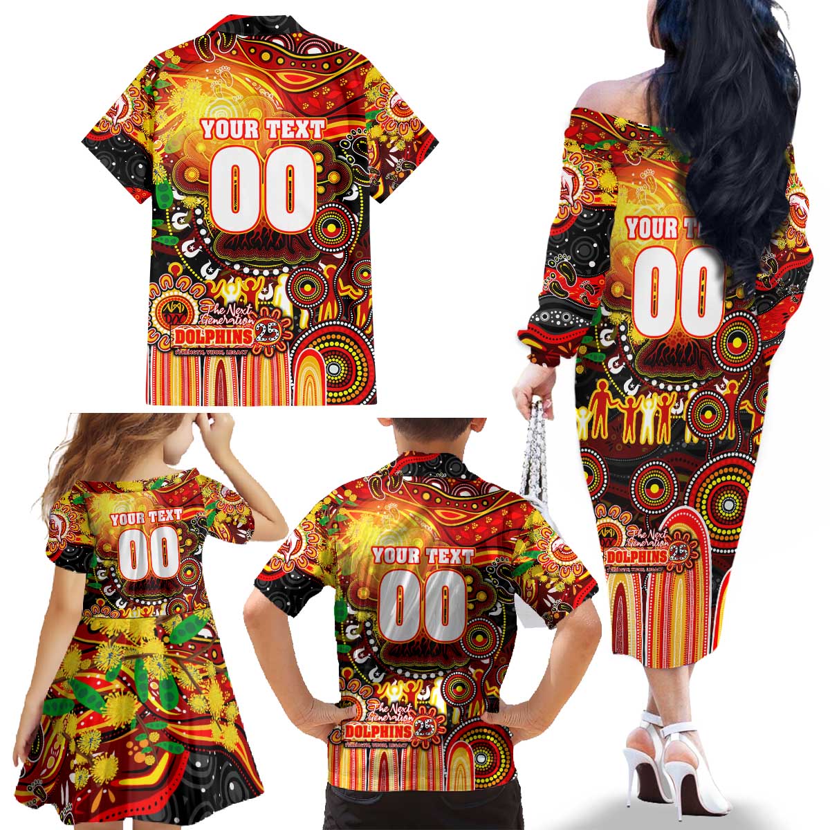 Personalised NAIDOC Week 2025 Dolphins Rugby Family Matching Off The Shoulder Long Sleeve Dress and Hawaiian Shirt Aboriginal Dot Painting