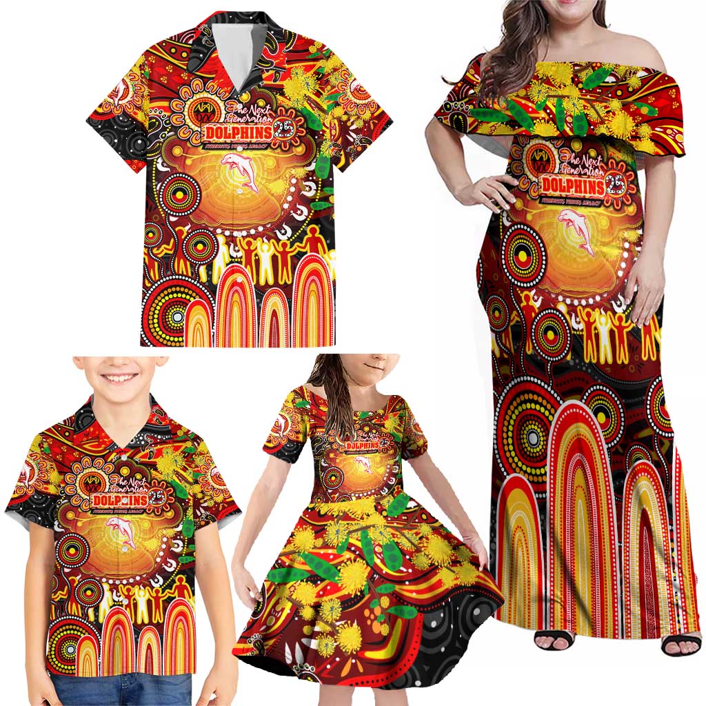 Personalised NAIDOC Week 2025 Dolphins Rugby Family Matching Off Shoulder Maxi Dress and Hawaiian Shirt Aboriginal Dot Painting