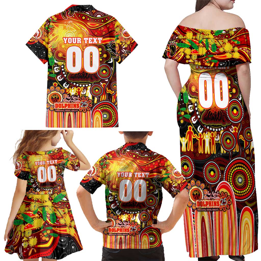Personalised NAIDOC Week 2025 Dolphins Rugby Family Matching Off Shoulder Maxi Dress and Hawaiian Shirt Aboriginal Dot Painting