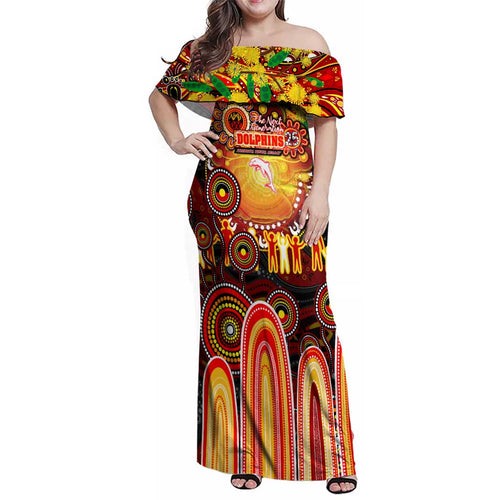 Personalised NAIDOC Week 2025 Dolphins Rugby Family Matching Off Shoulder Maxi Dress and Hawaiian Shirt Aboriginal Dot Painting