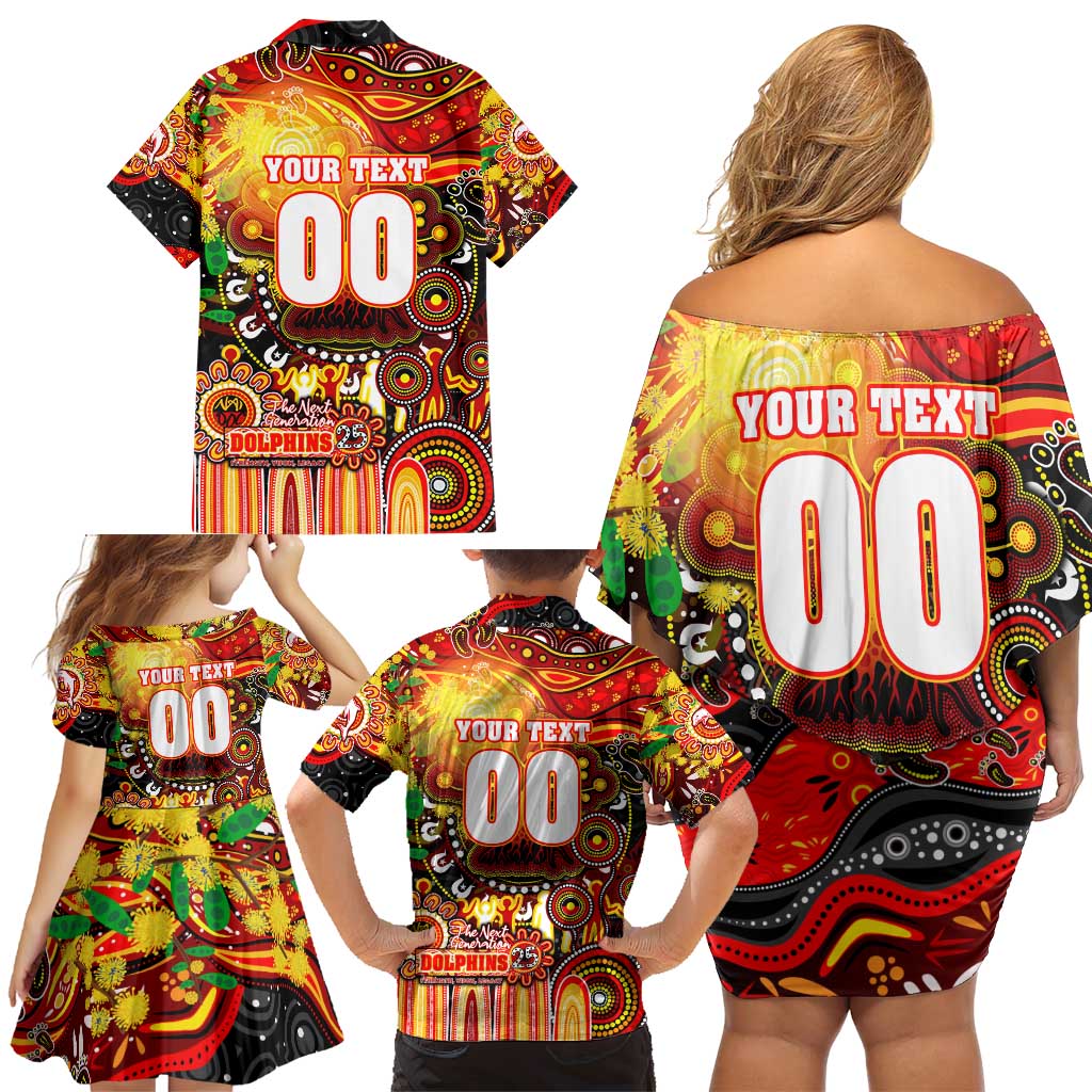 Personalised NAIDOC Week 2025 Dolphins Rugby Family Matching Off Shoulder Short Dress and Hawaiian Shirt Aboriginal Dot Painting
