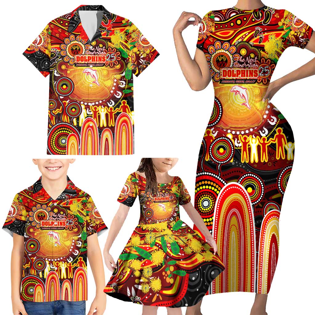 Personalised NAIDOC Week 2025 Dolphins Rugby Family Matching Short Sleeve Bodycon Dress and Hawaiian Shirt Aboriginal Dot Painting
