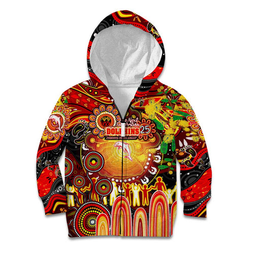 Personalised NAIDOC Week 2025 Dolphins Rugby Kid Hoodie Aboriginal Dot Painting