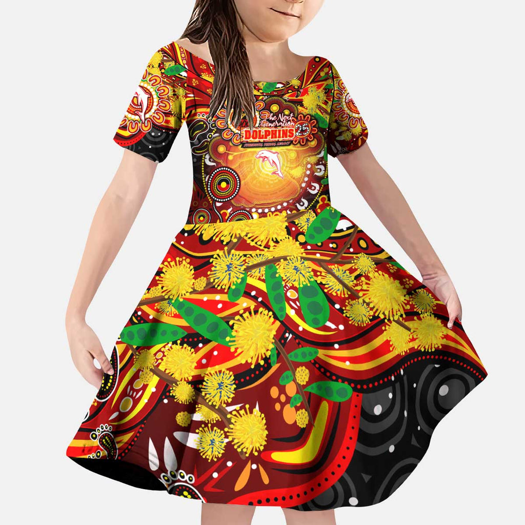 Personalised NAIDOC Week 2025 Dolphins Rugby Kid Short Sleeve Dress Aboriginal Dot Painting