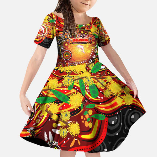 Personalised NAIDOC Week 2025 Dolphins Rugby Kid Short Sleeve Dress Aboriginal Dot Painting