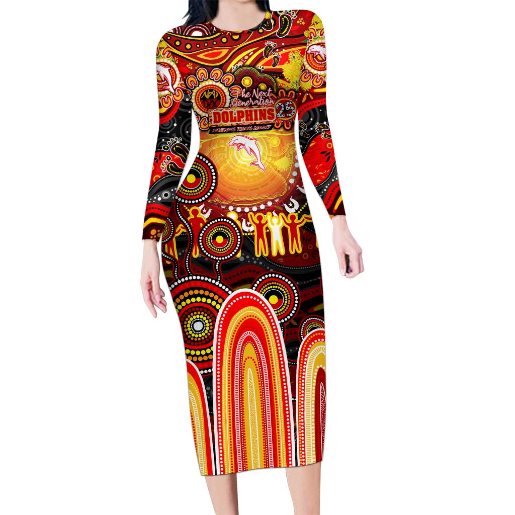 Personalised NAIDOC Week 2025 Dolphins Rugby Long Sleeve Bodycon Dress Aboriginal Dot Painting