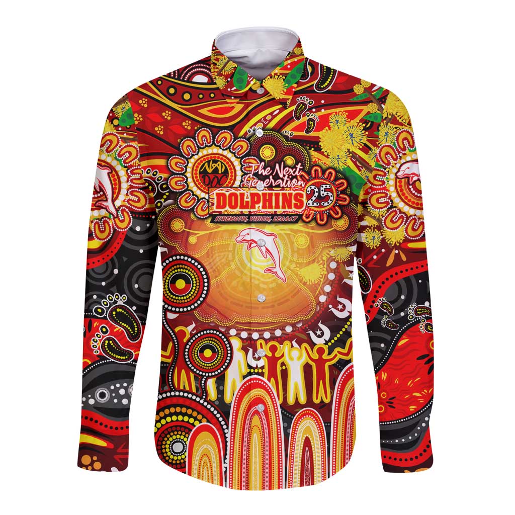 Personalised NAIDOC Week 2025 Dolphins Rugby Long Sleeve Button Shirt Aboriginal Dot Painting
