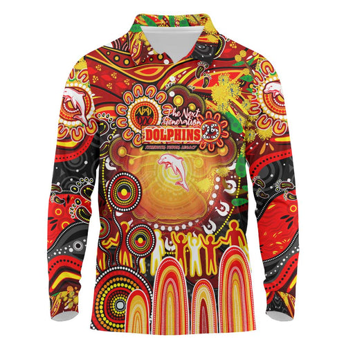 Personalised NAIDOC Week 2025 Dolphins Rugby Long Sleeve Polo Shirt Aboriginal Dot Painting