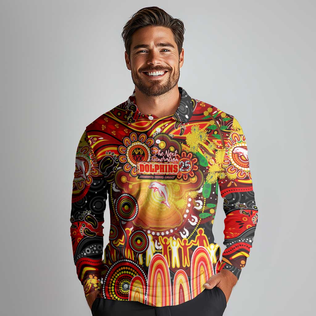 Personalised NAIDOC Week 2025 Dolphins Rugby Long Sleeve Polo Shirt Aboriginal Dot Painting
