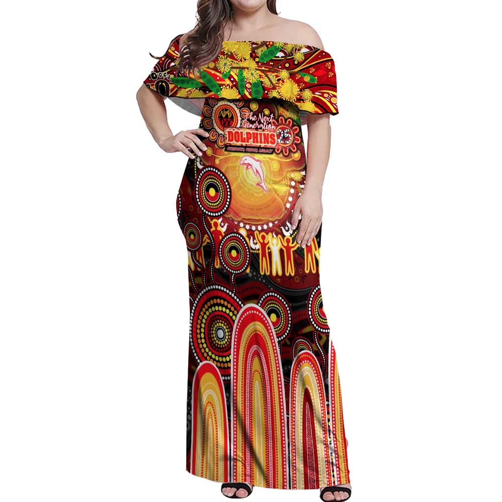 Personalised NAIDOC Week 2025 Dolphins Rugby Off Shoulder Maxi Dress Aboriginal Dot Painting