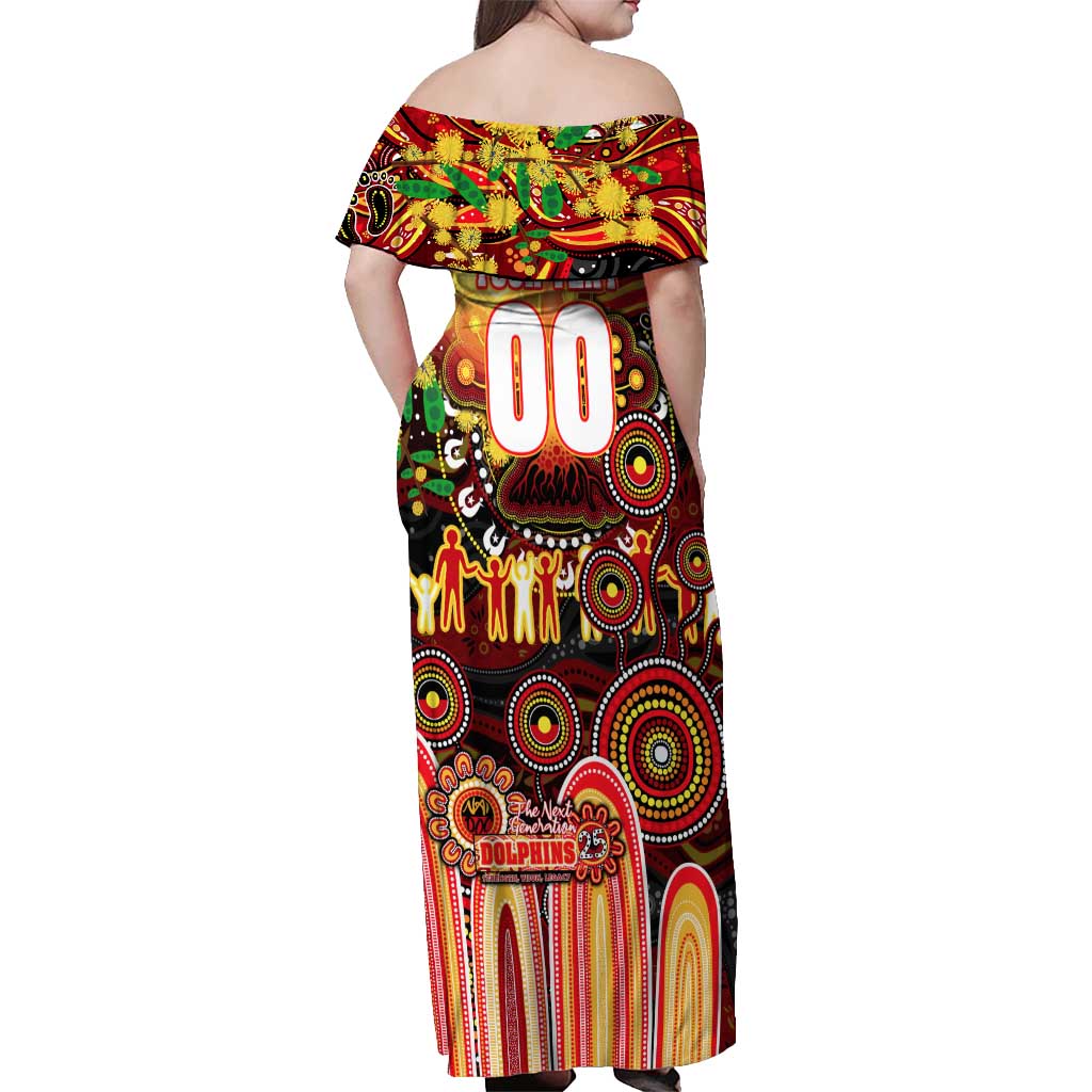 Personalised NAIDOC Week 2025 Dolphins Rugby Off Shoulder Maxi Dress Aboriginal Dot Painting
