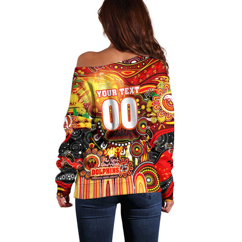 Personalised NAIDOC Week 2025 Dolphins Rugby Off Shoulder Sweater Aboriginal Dot Painting