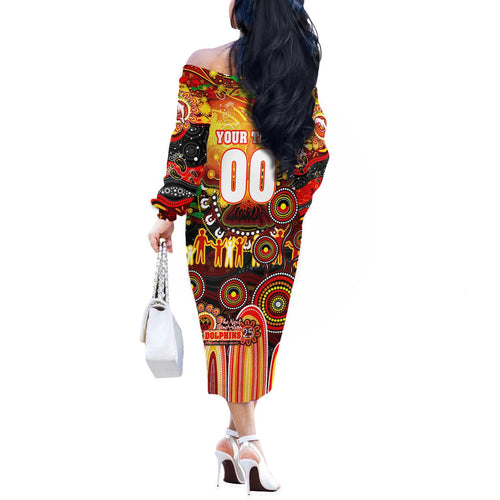 Personalised NAIDOC Week 2025 Dolphins Rugby Off The Shoulder Long Sleeve Dress Aboriginal Dot Painting