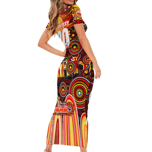 Personalised NAIDOC Week 2025 Dolphins Rugby Short Sleeve Bodycon Dress Aboriginal Dot Painting
