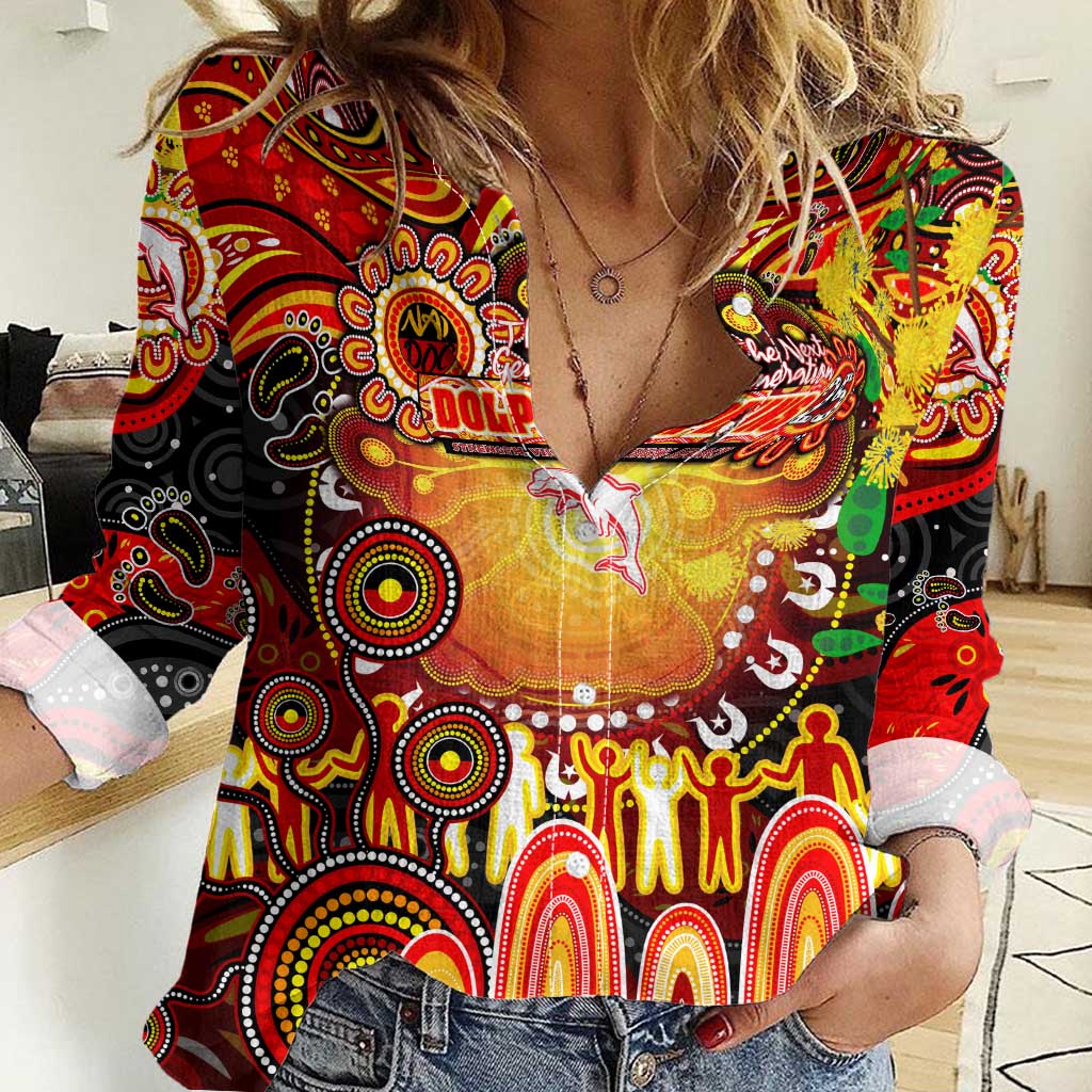 Personalised NAIDOC Week 2025 Dolphins Rugby Women Casual Shirt Aboriginal Dot Painting