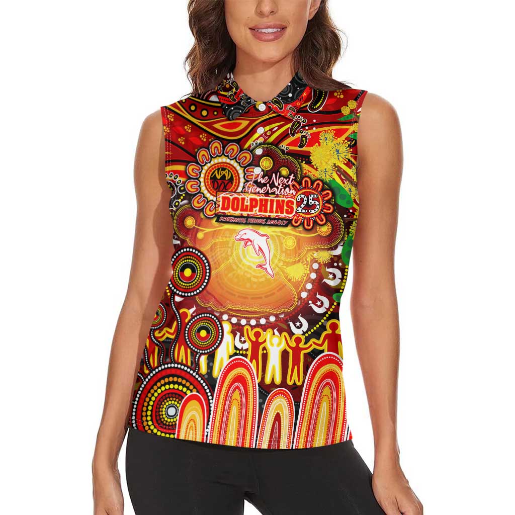 Personalised NAIDOC Week 2025 Dolphins Rugby Women Sleeveless Polo Shirt Aboriginal Dot Painting