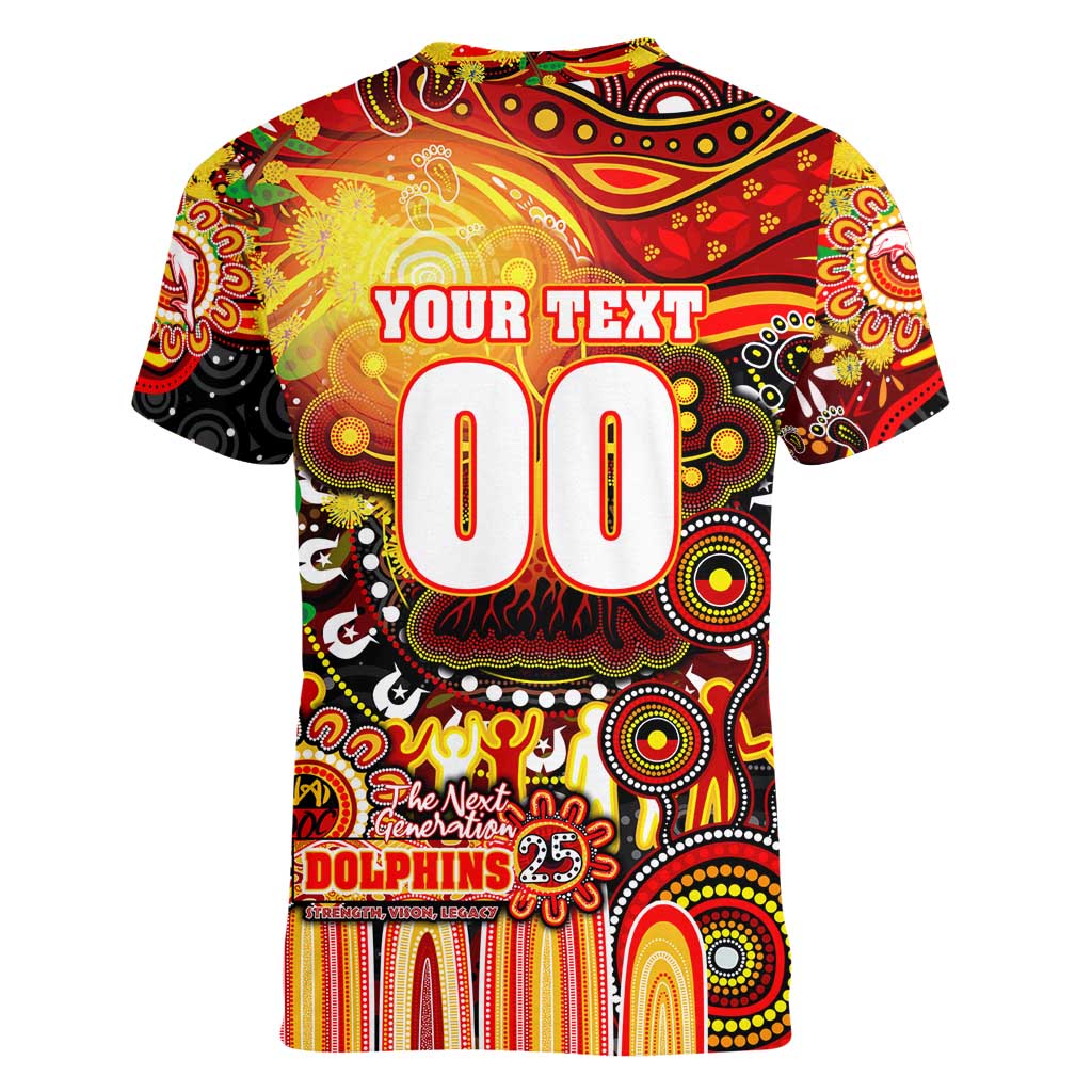 Personalised NAIDOC Week 2025 Dolphins Rugby Women V-Neck T-Shirt Aboriginal Dot Painting