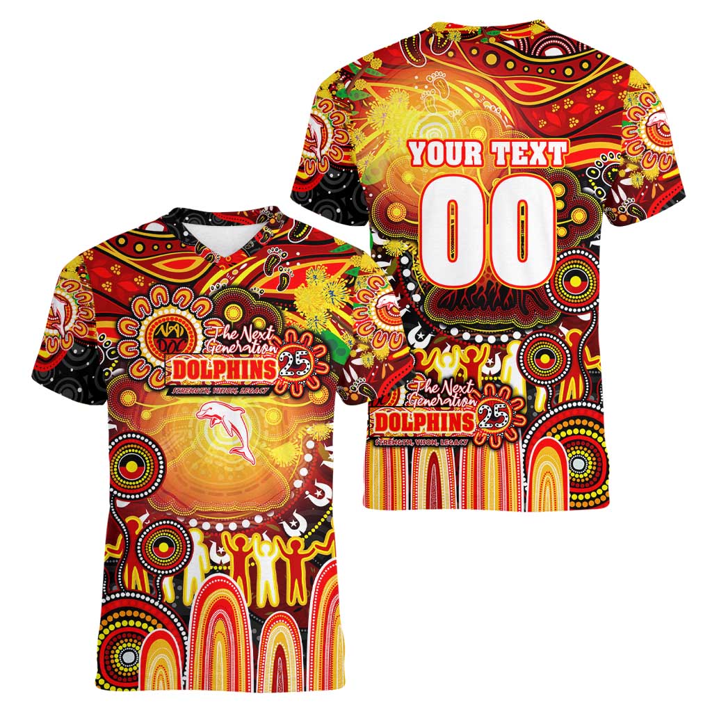 Personalised NAIDOC Week 2025 Dolphins Rugby Women V-Neck T-Shirt Aboriginal Dot Painting