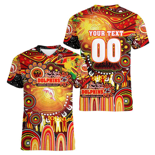 Personalised NAIDOC Week 2025 Dolphins Rugby Women V-Neck T-Shirt Aboriginal Dot Painting