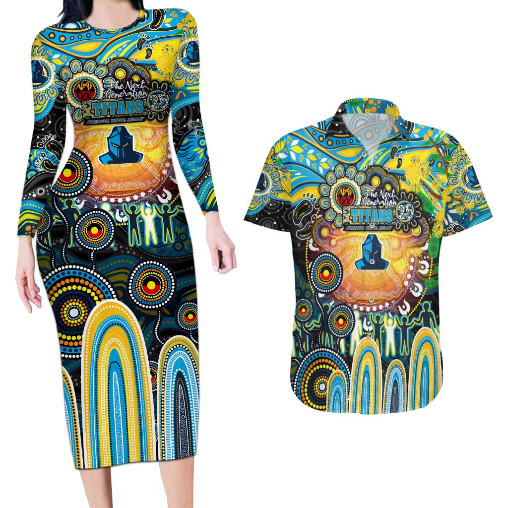 Personalised NAIDOC Week 2025 Titans Rugby Couples Matching Long Sleeve Bodycon Dress and Hawaiian Shirt Aboriginal Dot Painting
