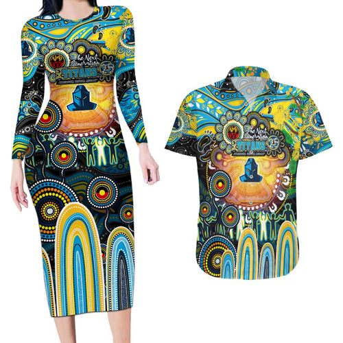 Personalised NAIDOC Week 2025 Titans Rugby Couples Matching Long Sleeve Bodycon Dress and Hawaiian Shirt Aboriginal Dot Painting