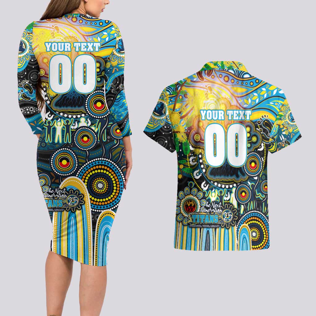 Personalised NAIDOC Week 2025 Titans Rugby Couples Matching Long Sleeve Bodycon Dress and Hawaiian Shirt Aboriginal Dot Painting