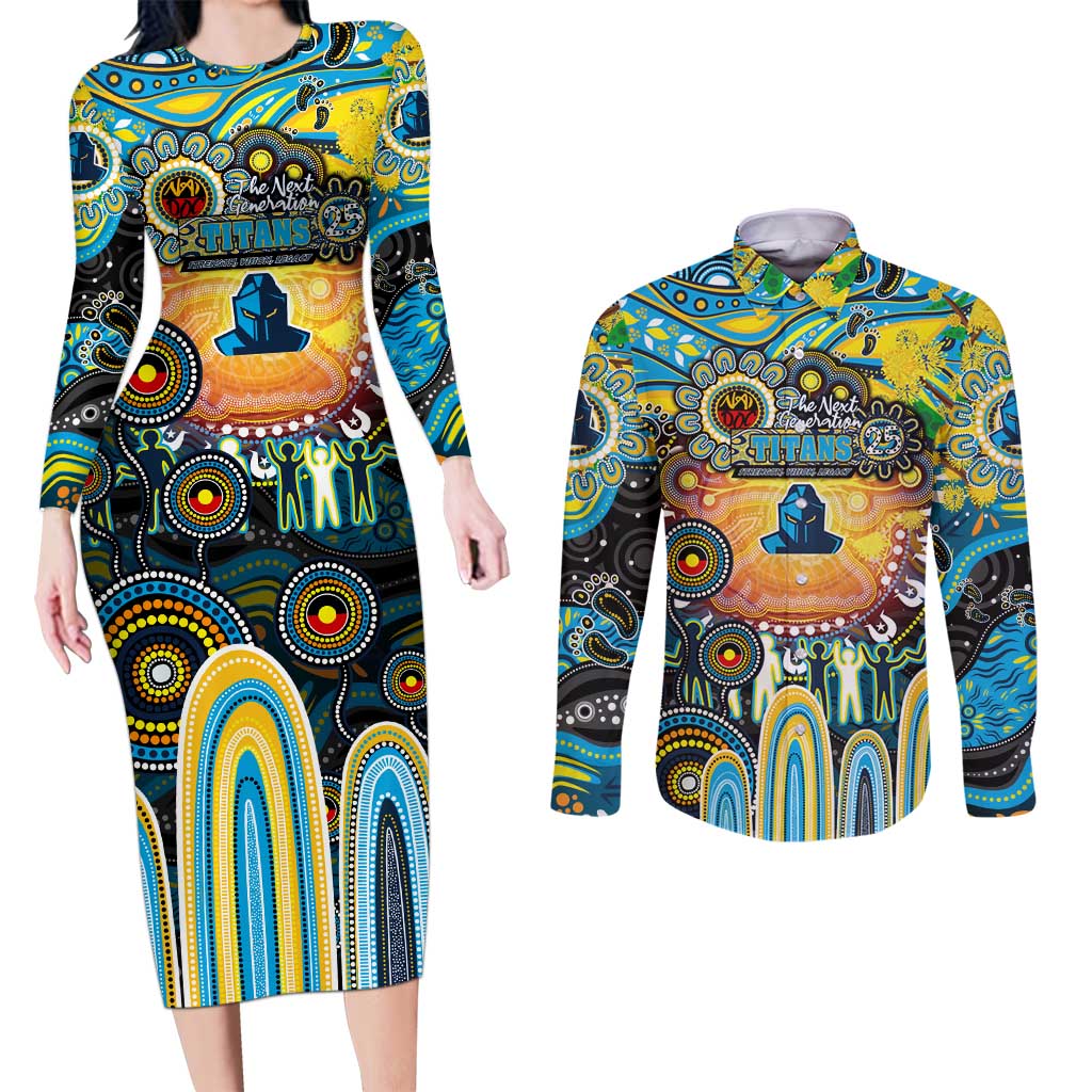 Personalised NAIDOC Week 2025 Titans Rugby Couples Matching Long Sleeve Bodycon Dress and Long Sleeve Button Shirt Aboriginal Dot Painting