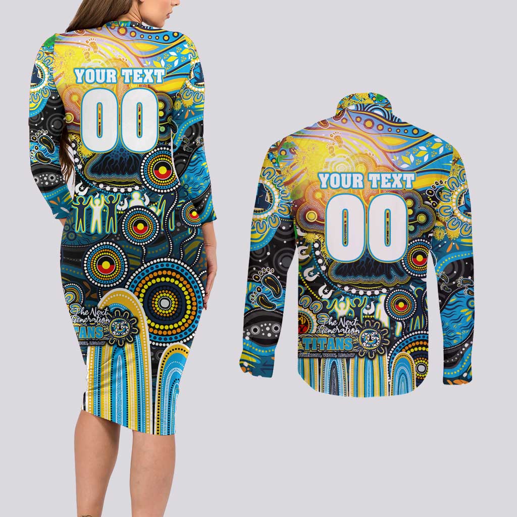 Personalised NAIDOC Week 2025 Titans Rugby Couples Matching Long Sleeve Bodycon Dress and Long Sleeve Button Shirt Aboriginal Dot Painting