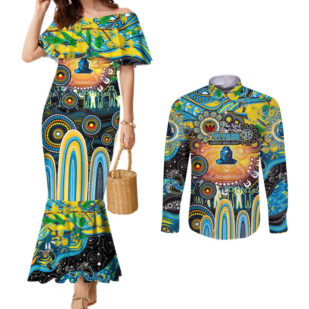 Personalised NAIDOC Week 2025 Titans Rugby Couples Matching Mermaid Dress and Long Sleeve Button Shirt Aboriginal Dot Painting
