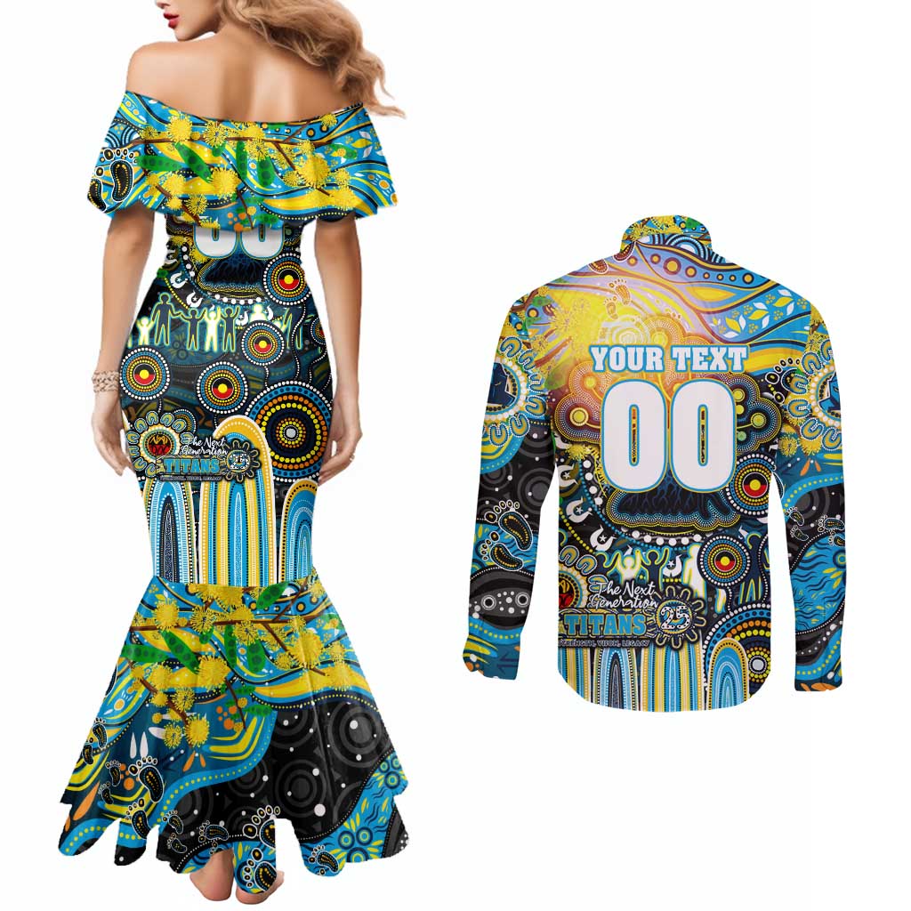 Personalised NAIDOC Week 2025 Titans Rugby Couples Matching Mermaid Dress and Long Sleeve Button Shirt Aboriginal Dot Painting