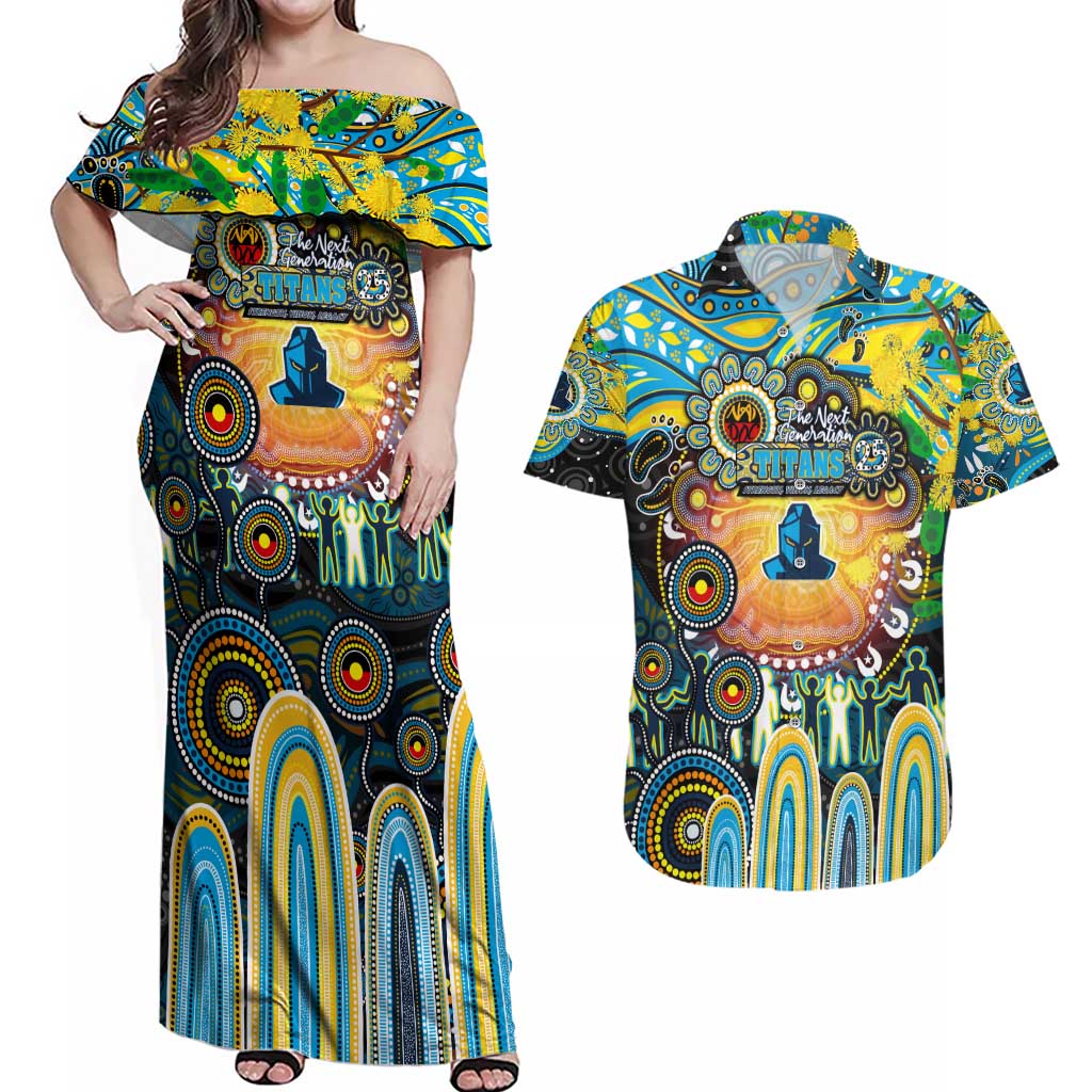 Personalised NAIDOC Week 2025 Titans Rugby Couples Matching Off Shoulder Maxi Dress and Hawaiian Shirt Aboriginal Dot Painting