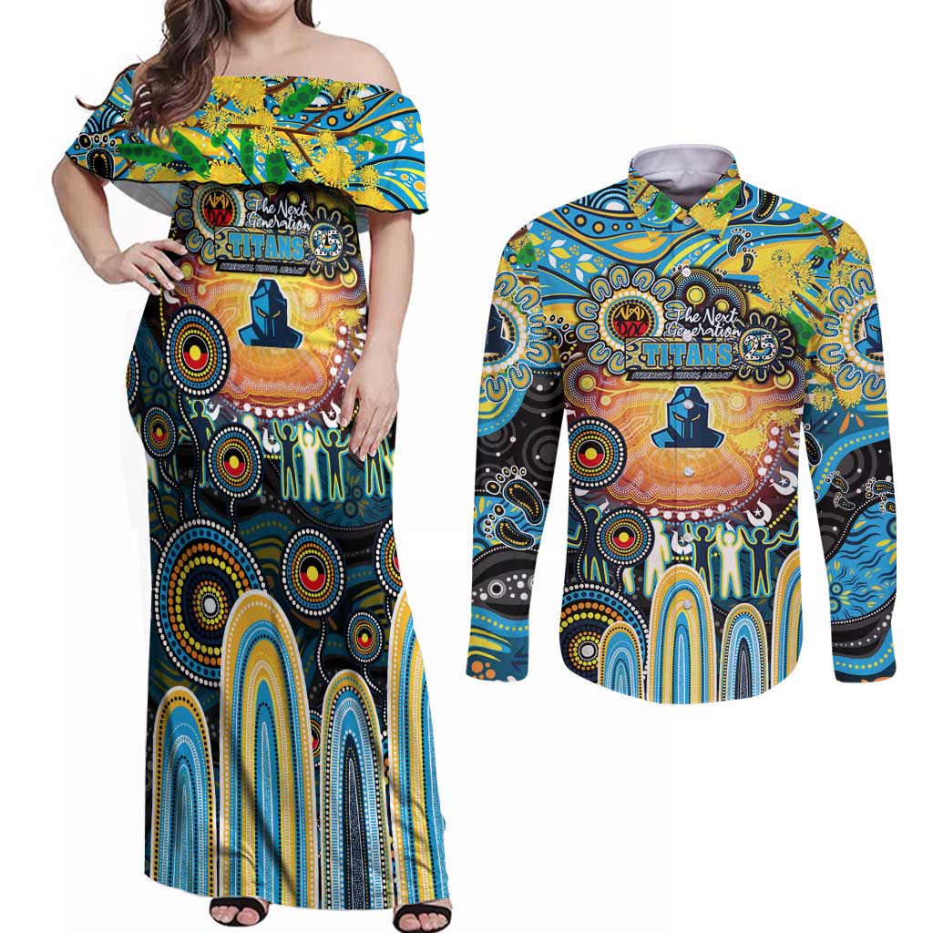 Personalised NAIDOC Week 2025 Titans Rugby Couples Matching Off Shoulder Maxi Dress and Long Sleeve Button Shirt Aboriginal Dot Painting