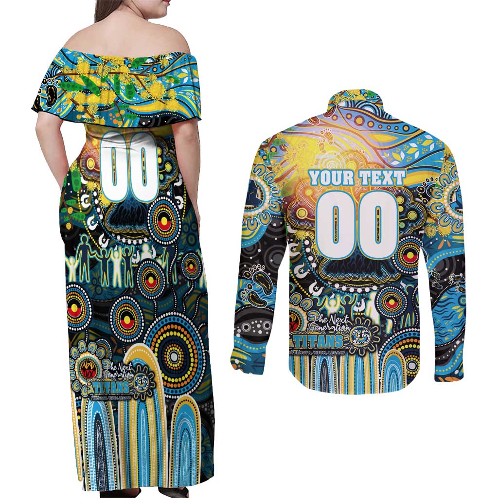 Personalised NAIDOC Week 2025 Titans Rugby Couples Matching Off Shoulder Maxi Dress and Long Sleeve Button Shirt Aboriginal Dot Painting