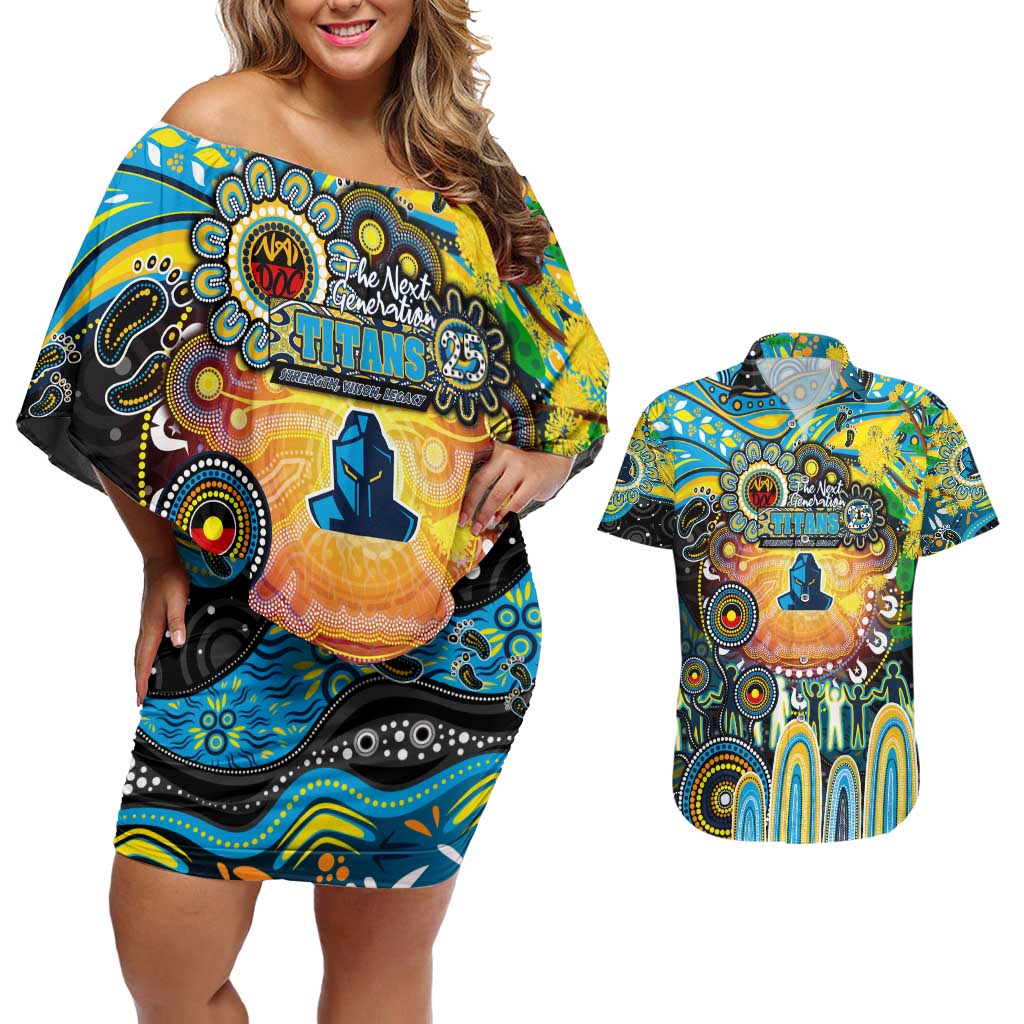 Personalised NAIDOC Week 2025 Titans Rugby Couples Matching Off Shoulder Short Dress and Hawaiian Shirt Aboriginal Dot Painting