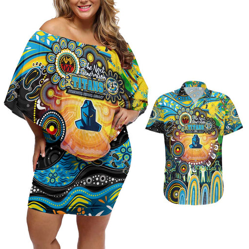 Personalised NAIDOC Week 2025 Titans Rugby Couples Matching Off Shoulder Short Dress and Hawaiian Shirt Aboriginal Dot Painting