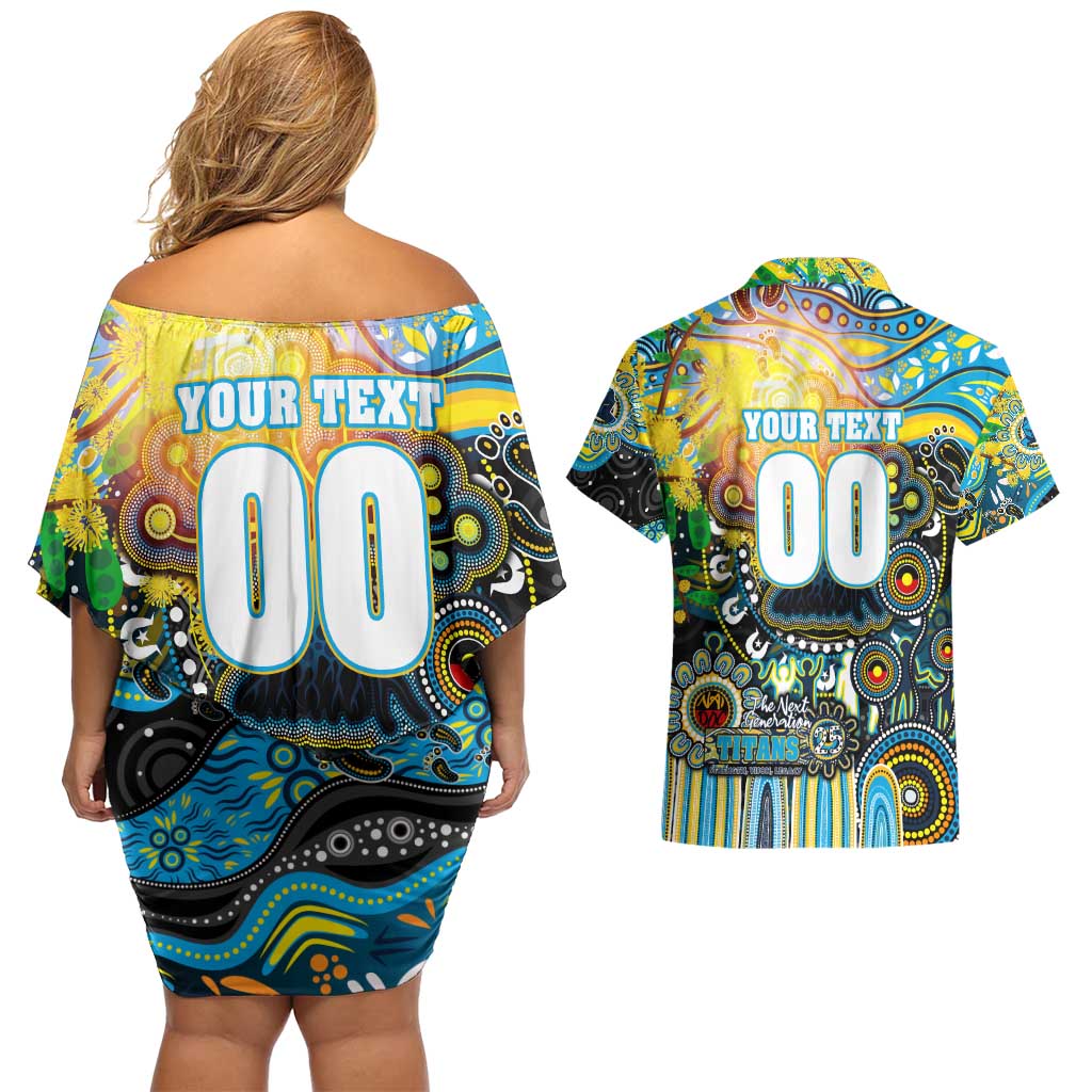 Personalised NAIDOC Week 2025 Titans Rugby Couples Matching Off Shoulder Short Dress and Hawaiian Shirt Aboriginal Dot Painting
