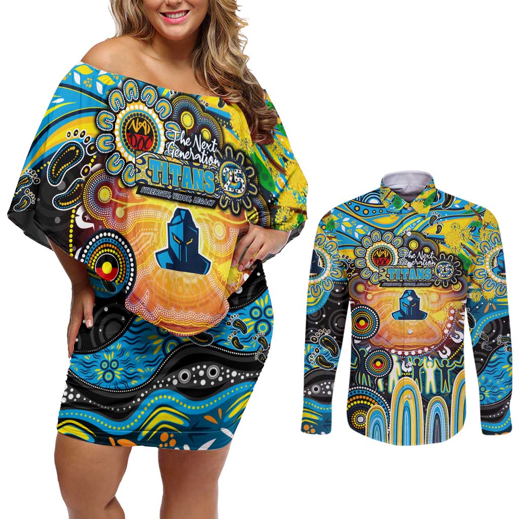 Personalised NAIDOC Week 2025 Titans Rugby Couples Matching Off Shoulder Short Dress and Long Sleeve Button Shirt Aboriginal Dot Painting