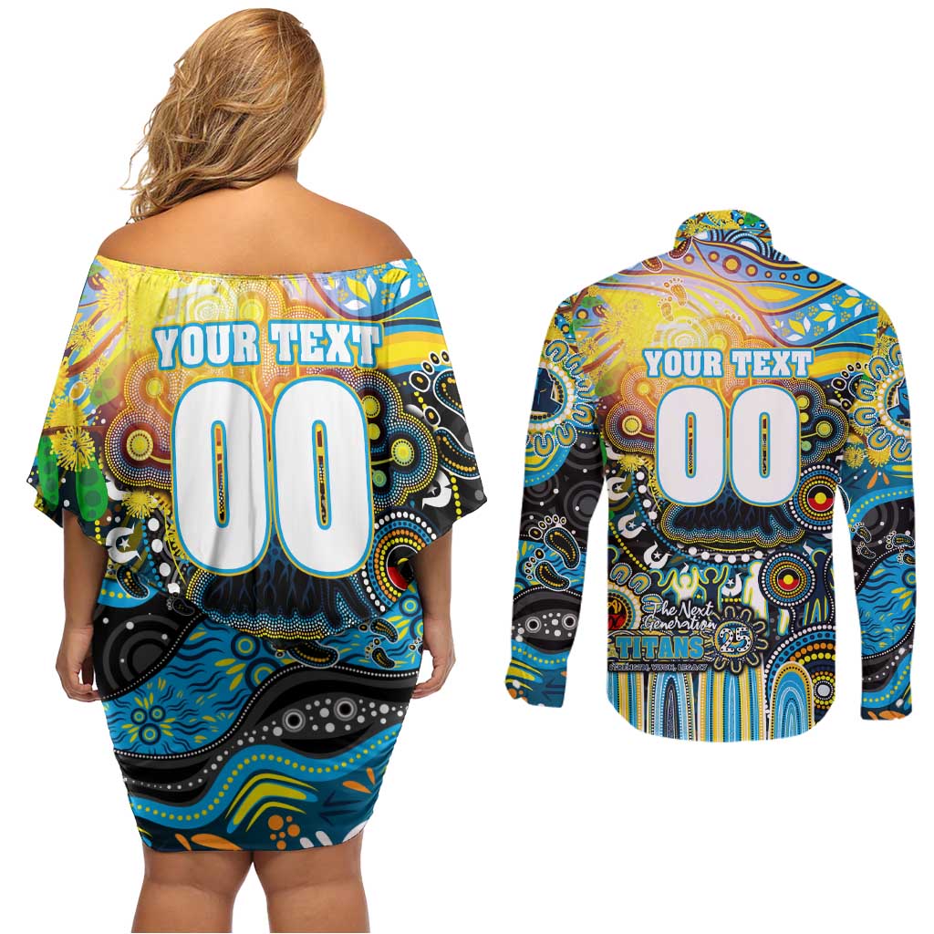Personalised NAIDOC Week 2025 Titans Rugby Couples Matching Off Shoulder Short Dress and Long Sleeve Button Shirt Aboriginal Dot Painting